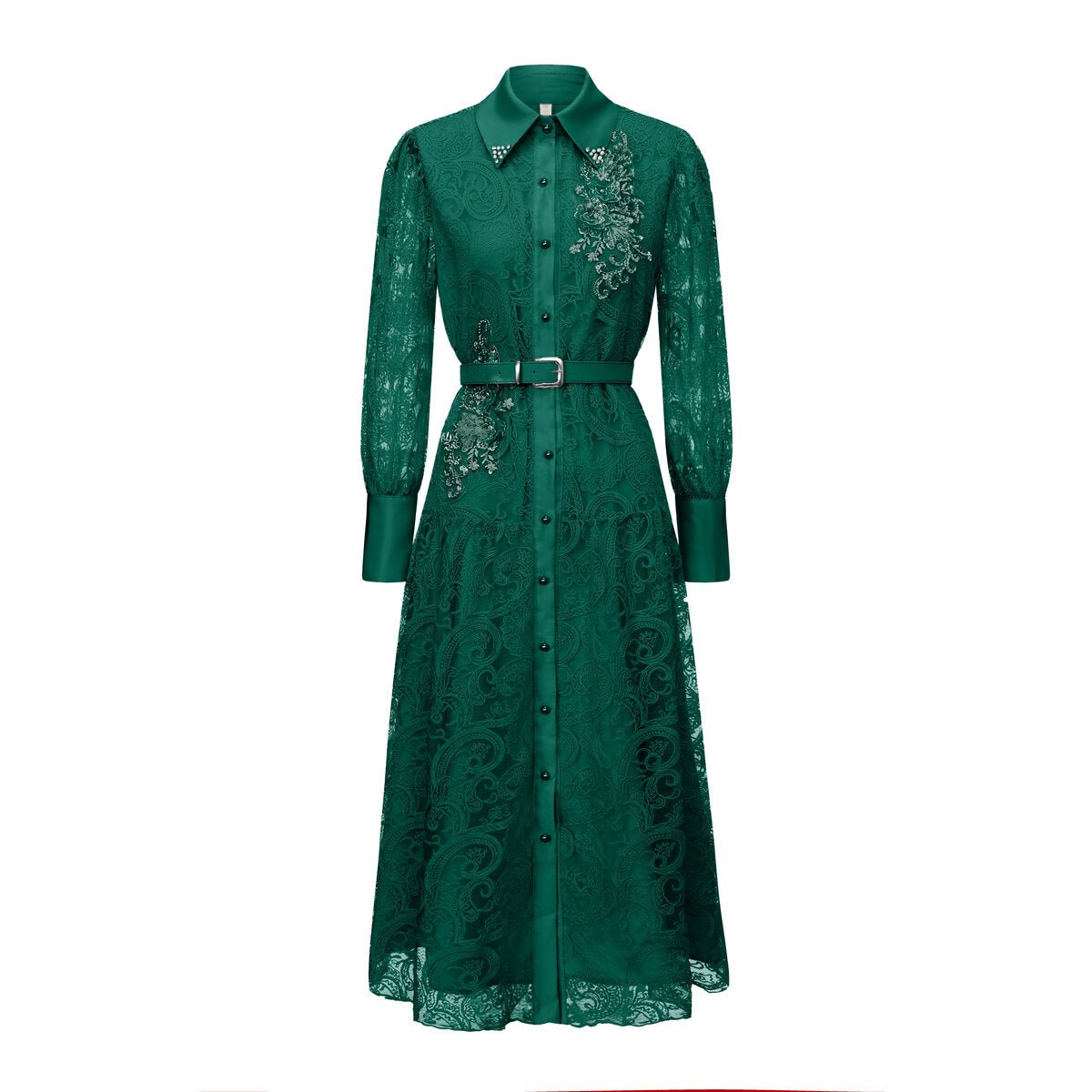 Vintage Lace Belted Shirt Maxi Dress