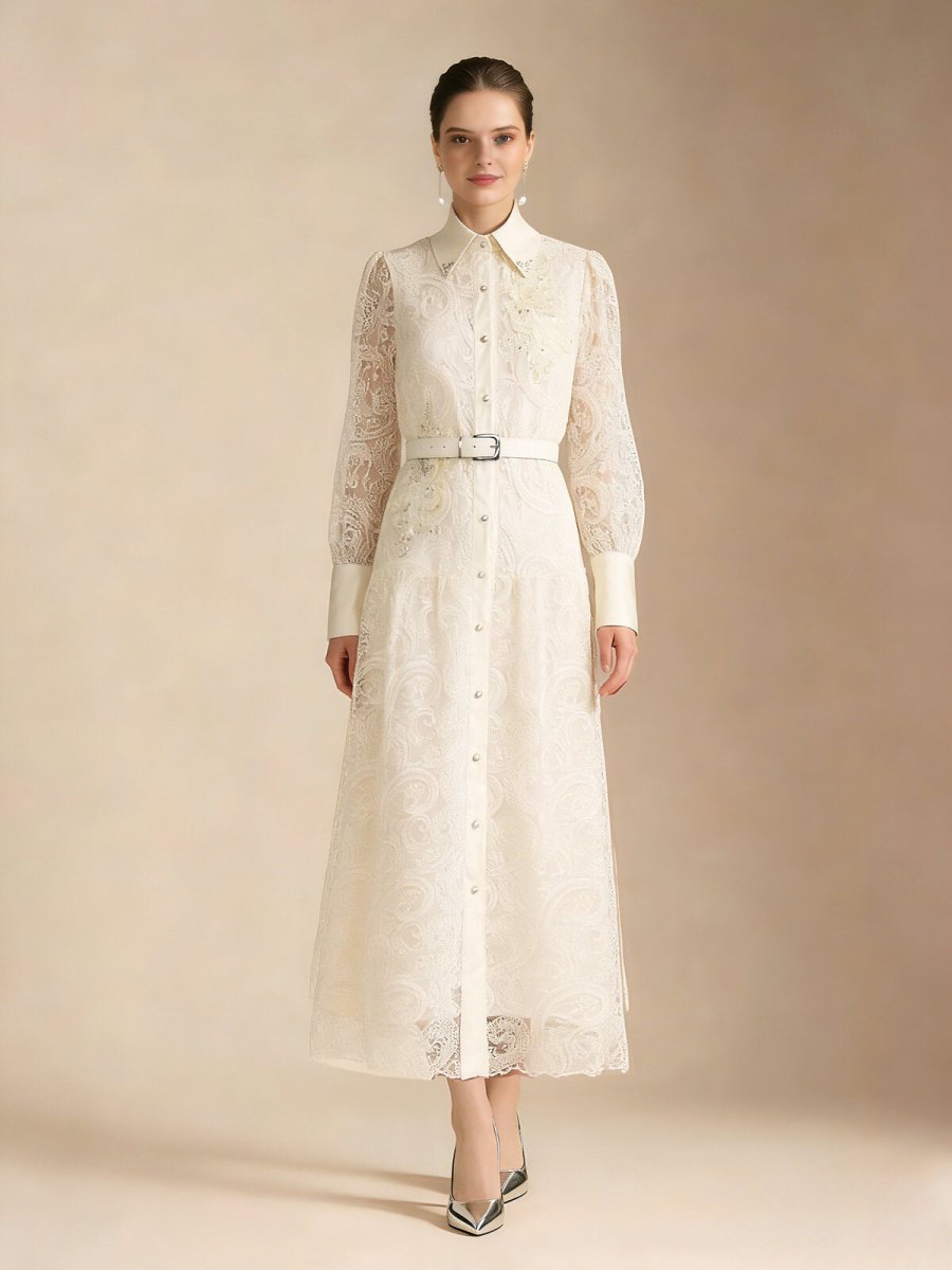 Vintage Lace Belted Shirt Maxi Dress