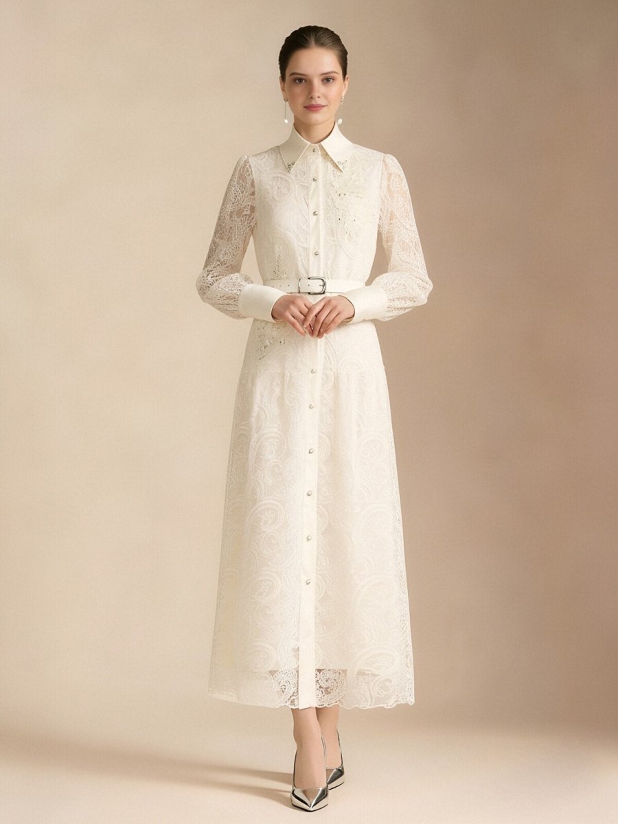 Vintage Lace Belted Shirt Maxi Dress
