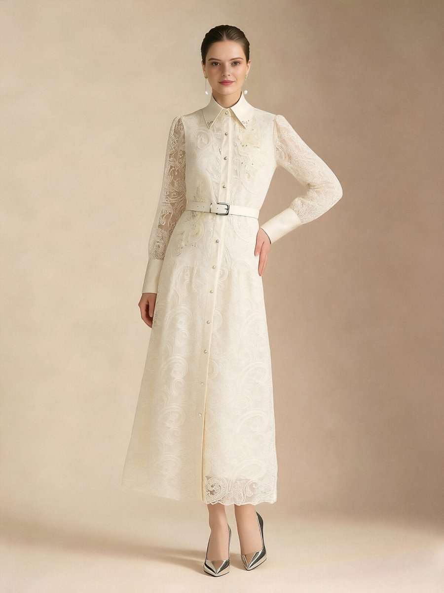 Vintage Lace Belted Shirt Maxi Dress