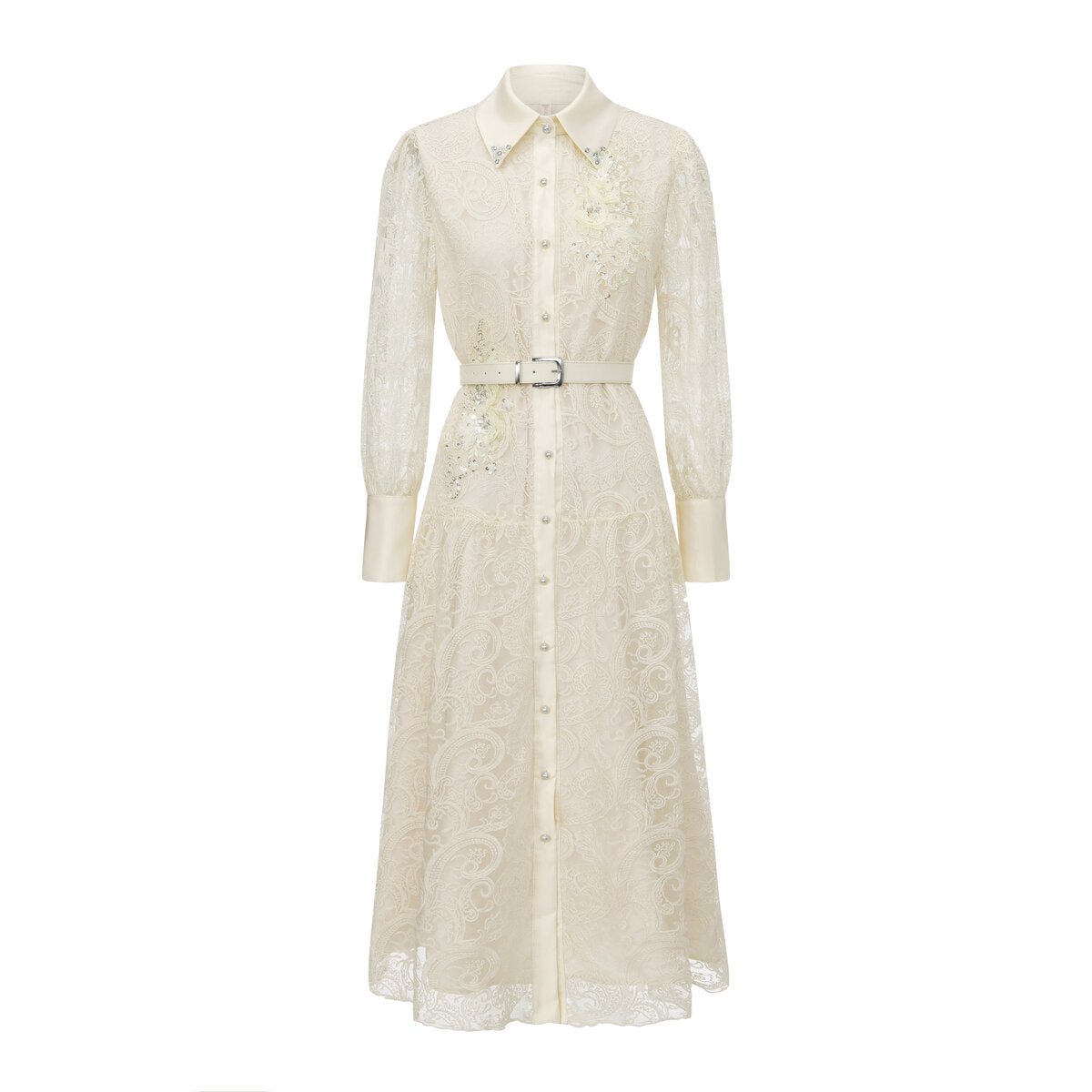 Vintage Lace Belted Shirt Maxi Dress