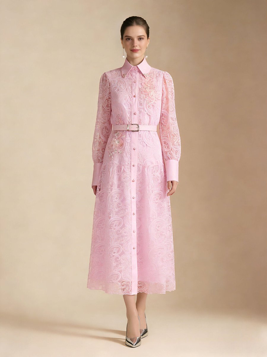 Vintage Lace Belted Shirt Maxi Dress