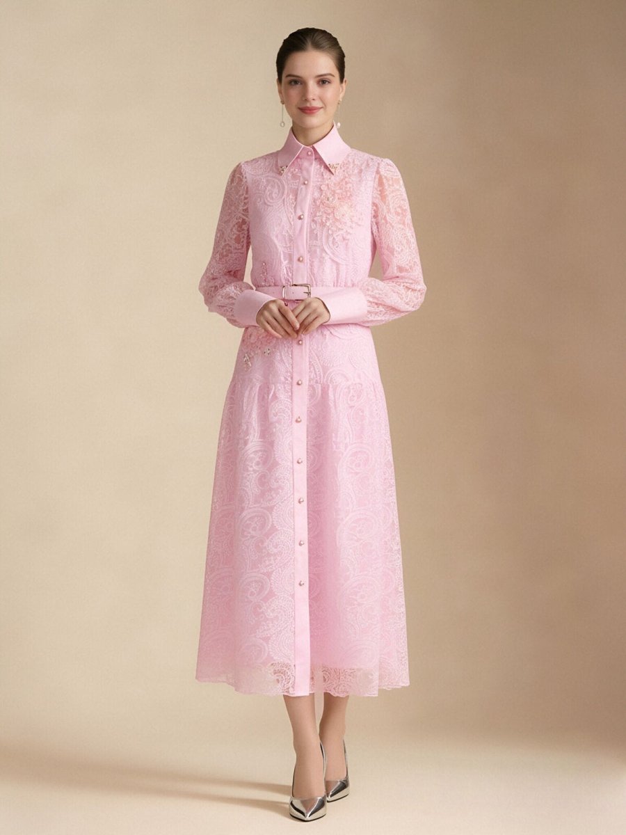 Vintage Lace Belted Shirt Maxi Dress