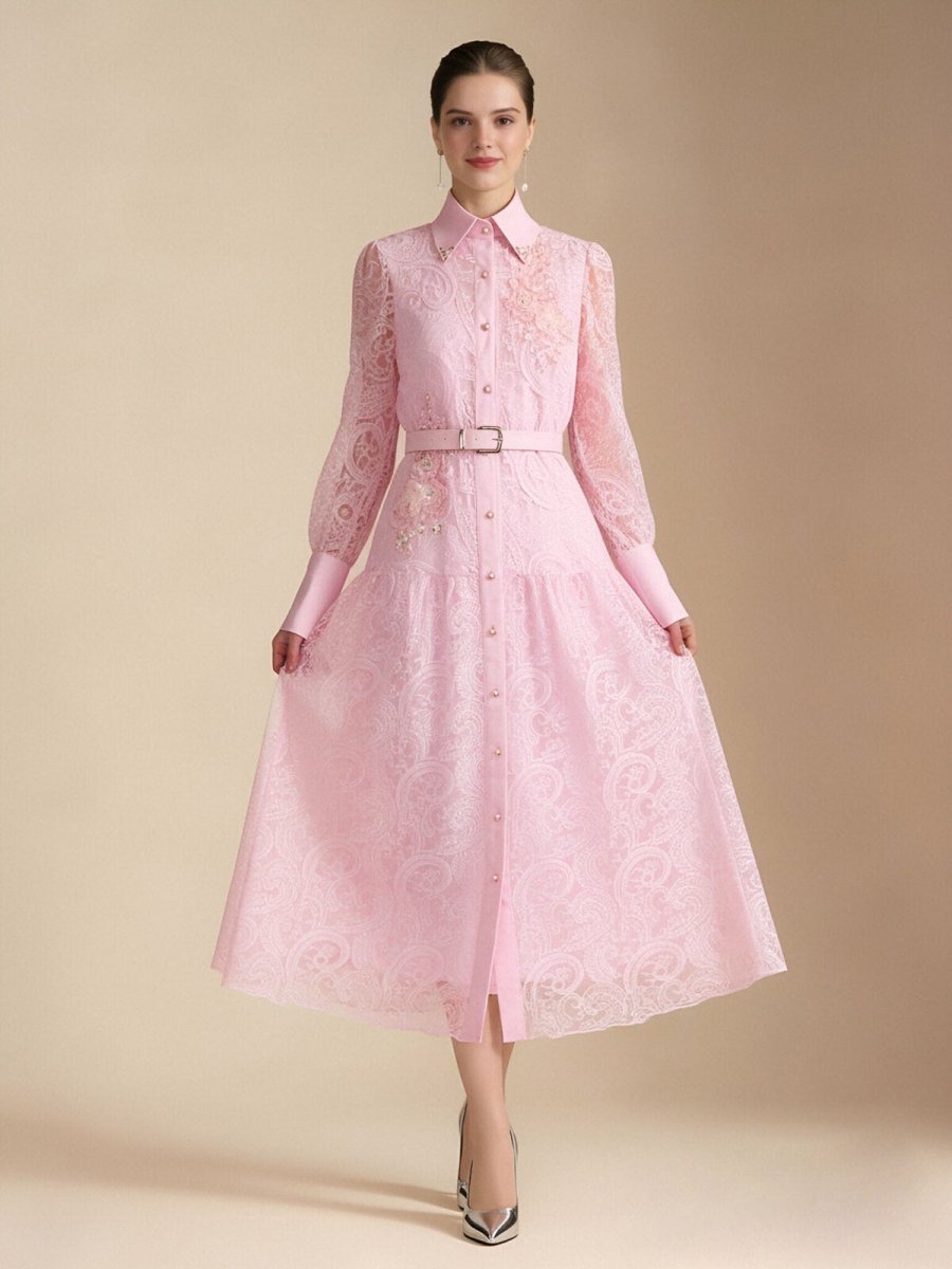 Vintage Lace Belted Shirt Maxi Dress