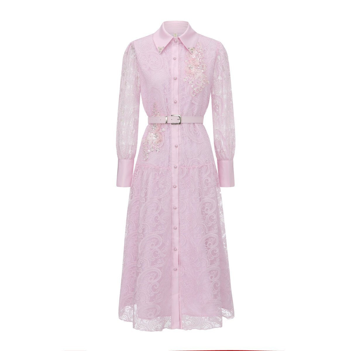 Vintage Lace Belted Shirt Maxi Dress