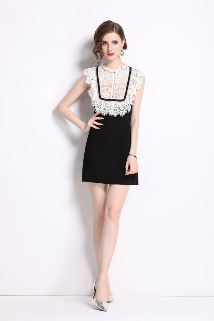 Vintage White Floral Lace Bib Collar Little Black Dress