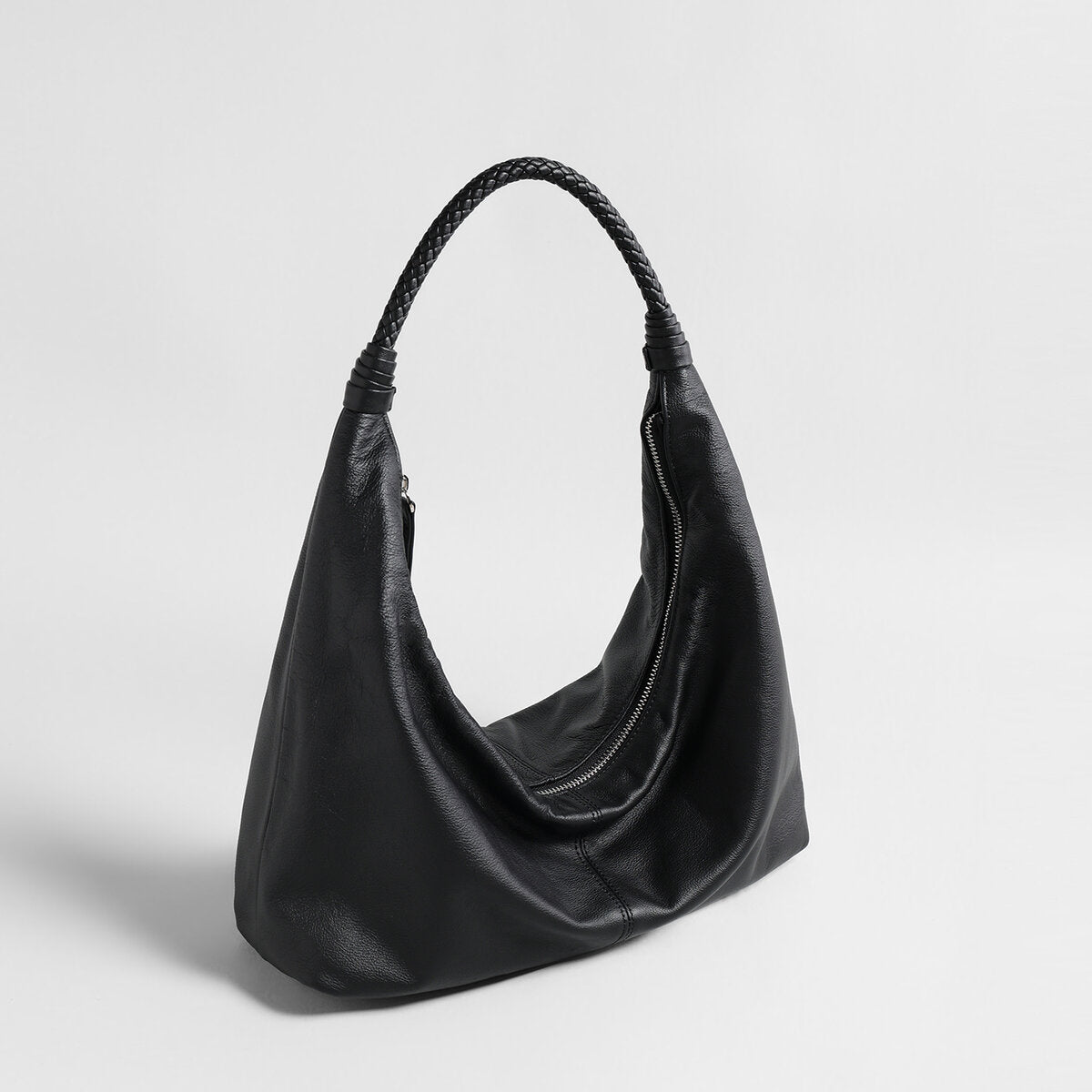 Vintage Leather Hobo Bag – Braided Handle Crescent Shoulder Bag
