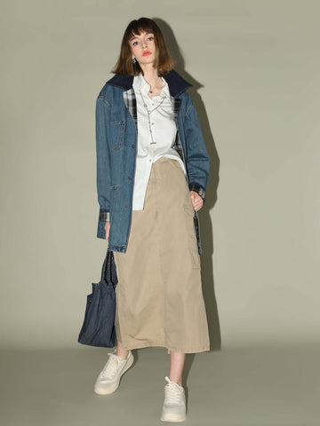 Vintage Long Denim Jacket With Plaid Lining