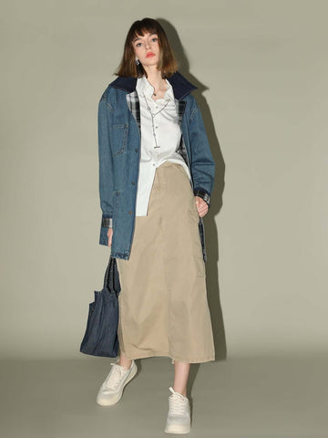 Vintage Long Denim Jacket With Plaid Lining