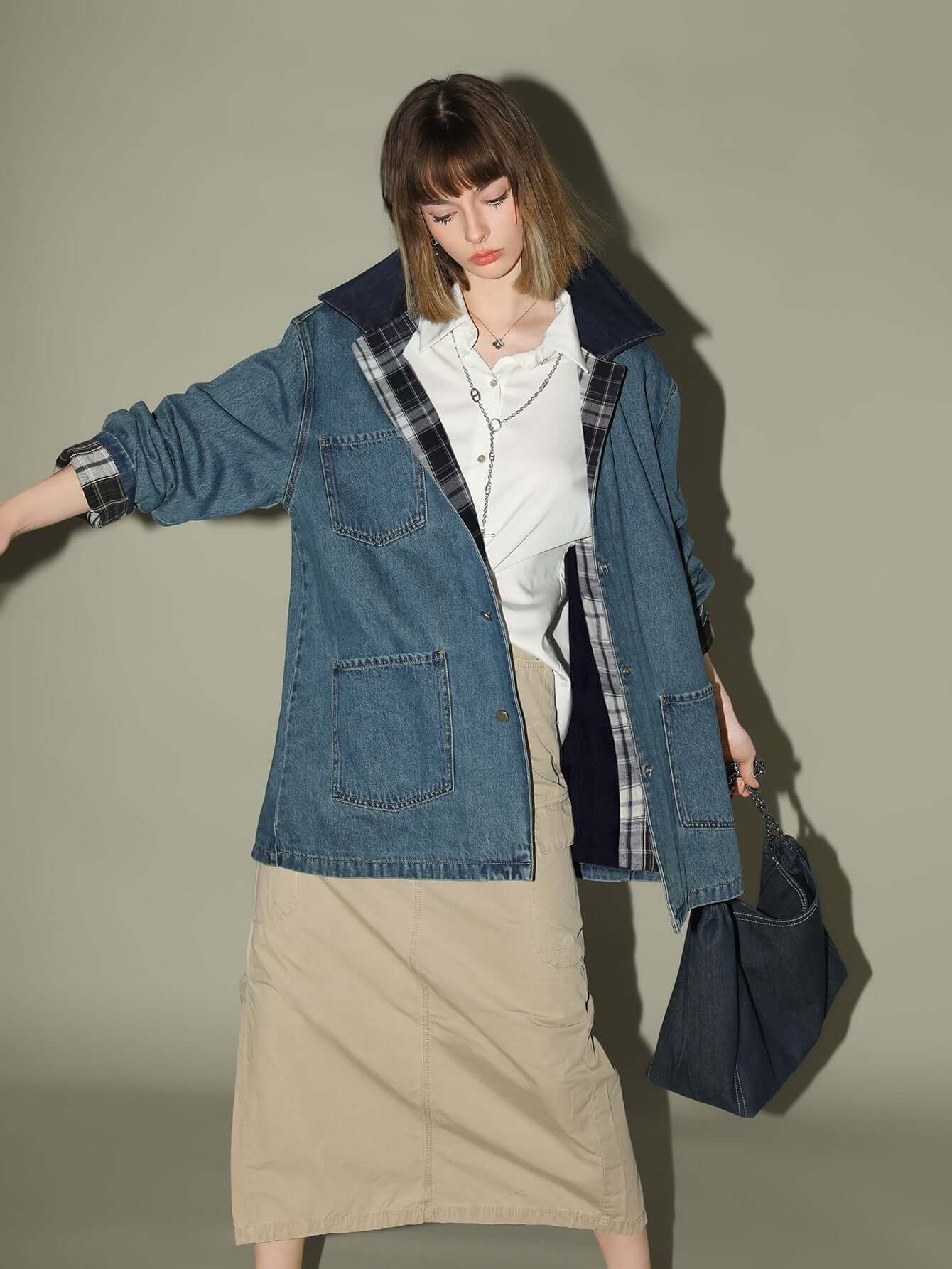 vintage long denim jacket with plaid lining all blue 2