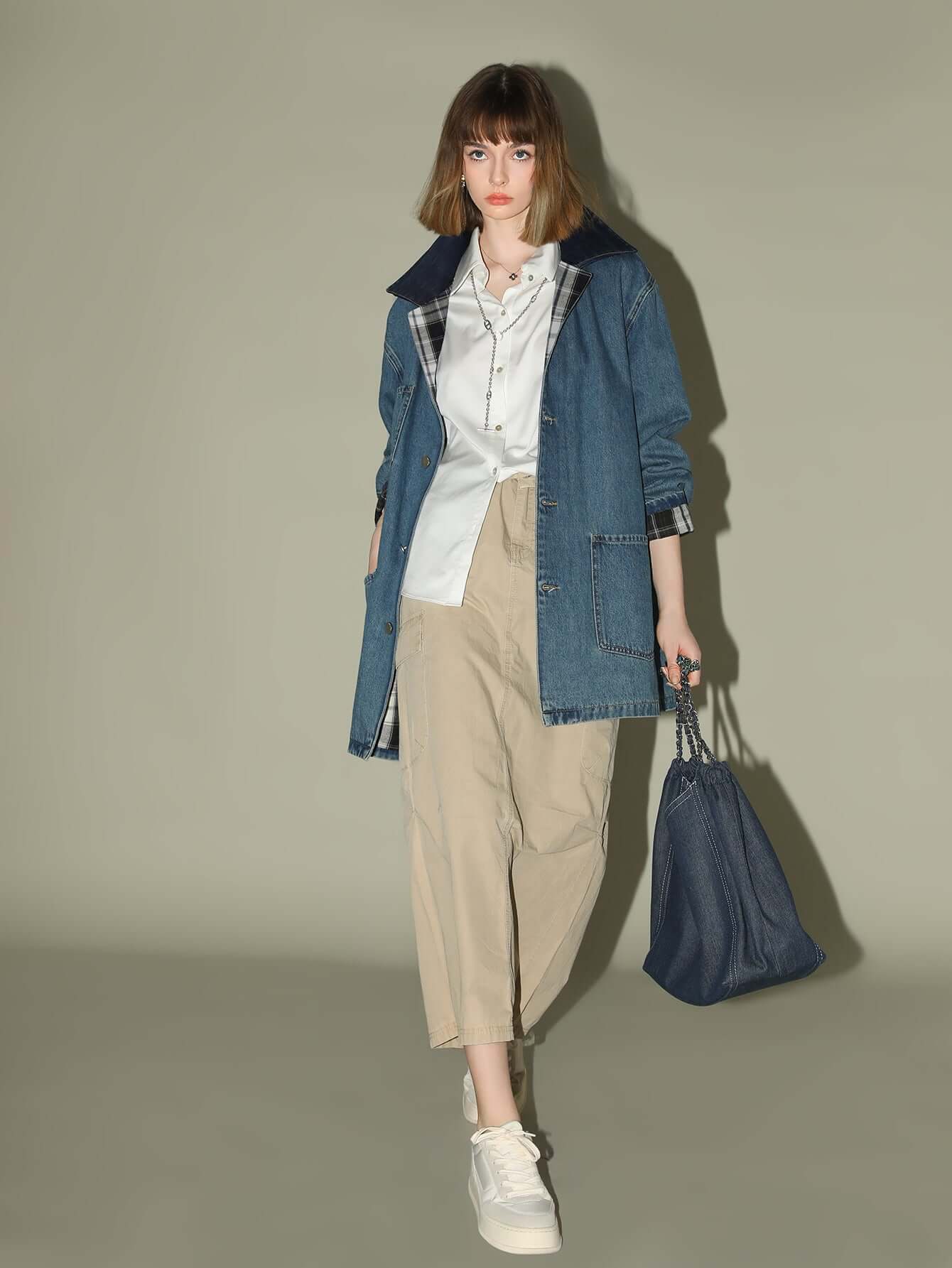 vintage long denim jacket with plaid lining all blue 3