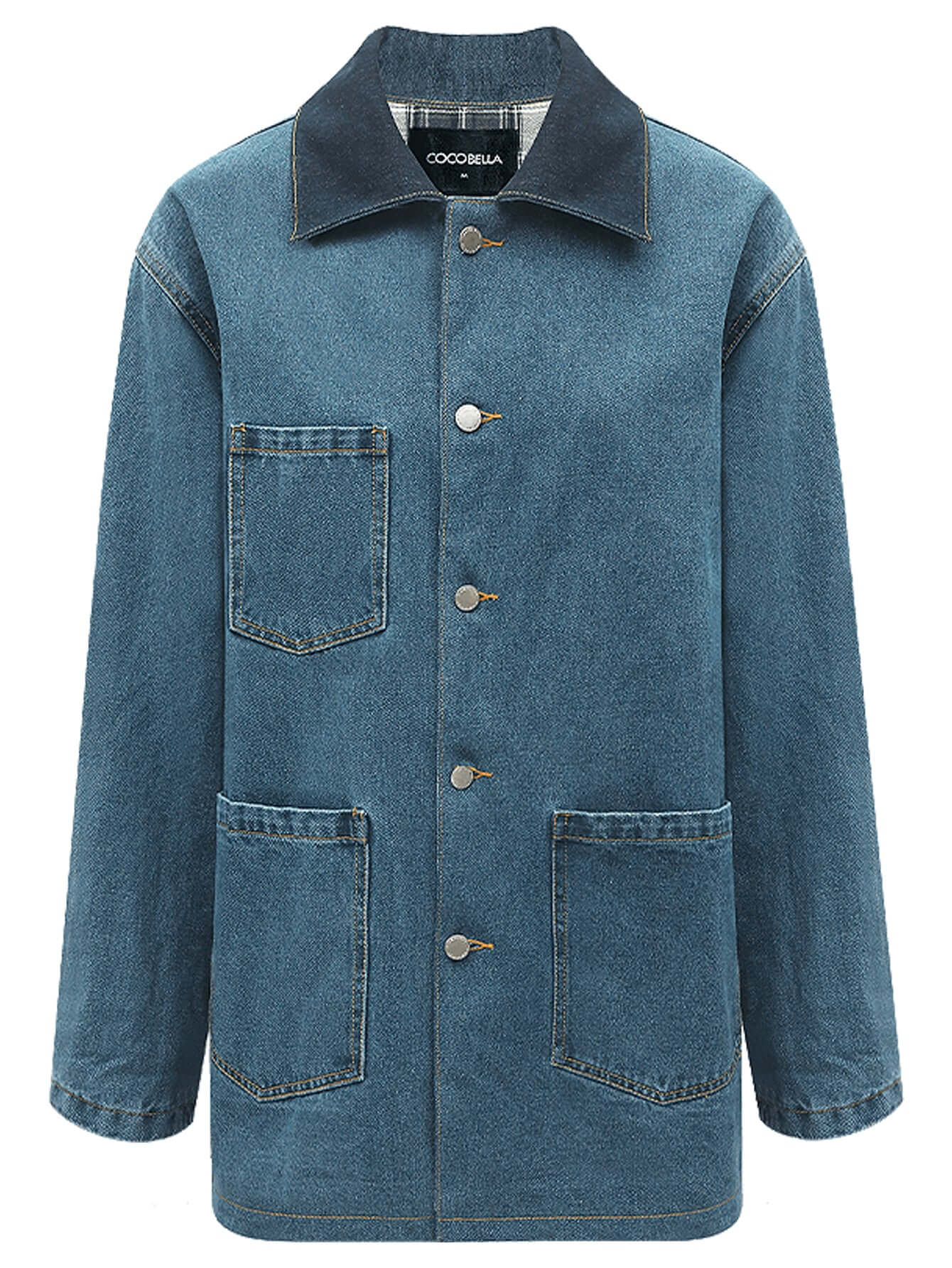 vintage long denim jacket with plaid lining all blue 4