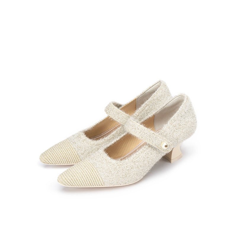 Vintage Pearl Strap Mary Jane Heels – Tweed Knit Block Heel Pumps