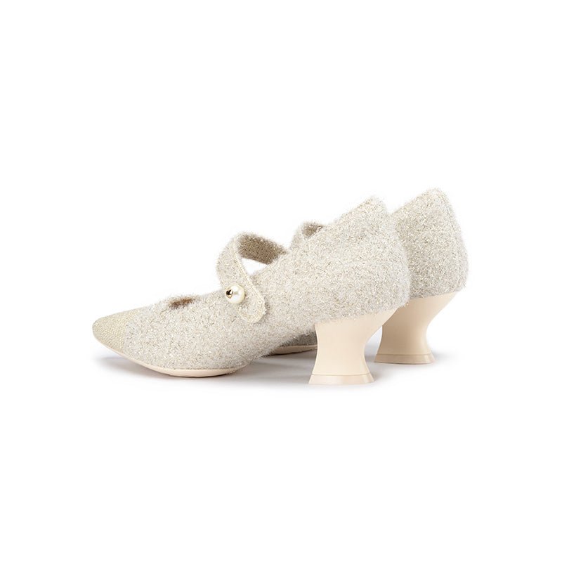 Vintage Pearl Strap Mary Jane Heels – Tweed Knit Block Heel Pumps