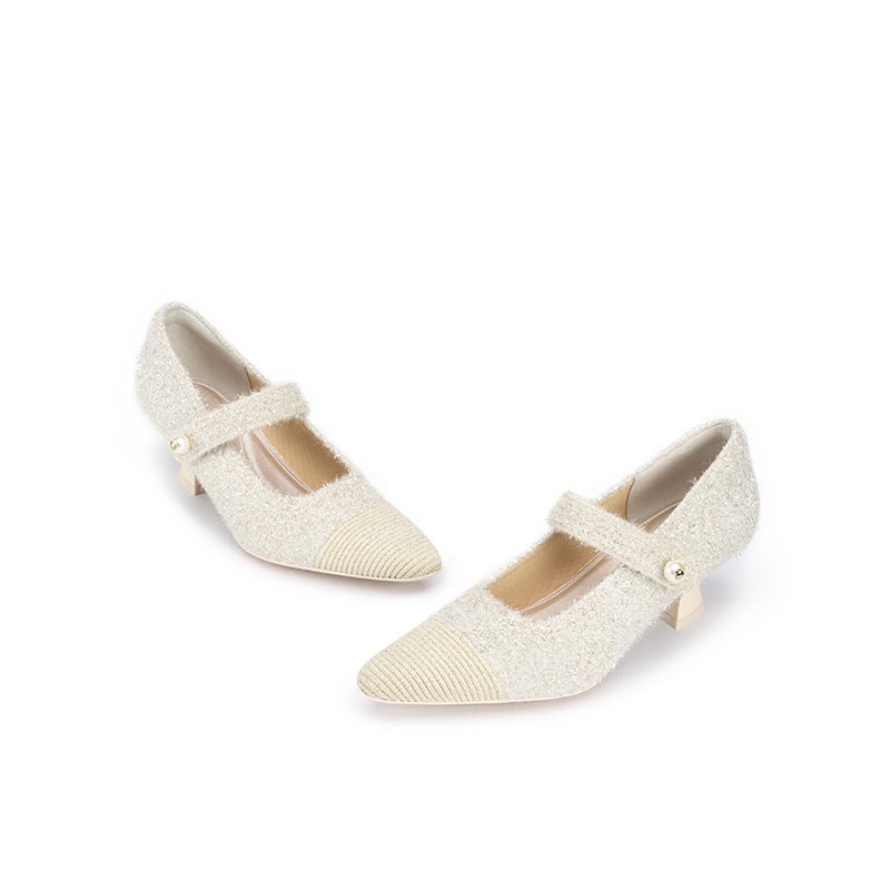 Vintage Pearl Strap Mary Jane Heels – Tweed Knit Block Heel Pumps