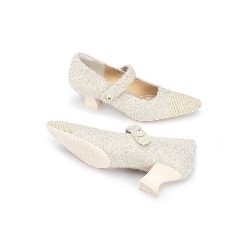 Vintage Pearl Strap Mary Jane Heels – Tweed Knit Block Heel Pumps