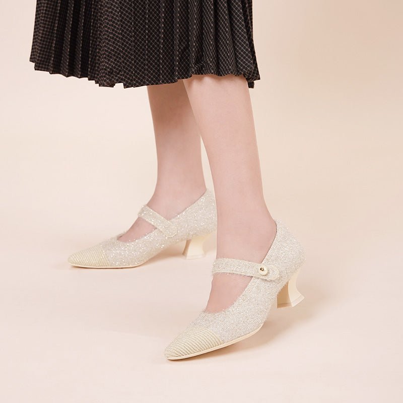 Vintage Pearl Strap Mary Jane Heels – Tweed Knit Block Heel Pumps