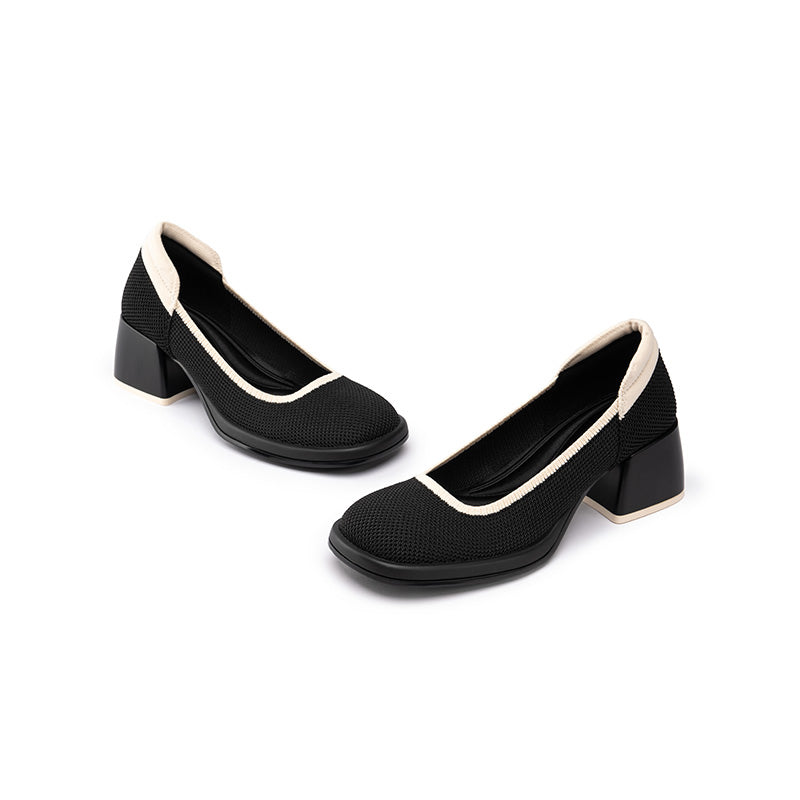 Vintage Square Toe Mary Jane Pumps – Contrast Trim Block Heel Shoes