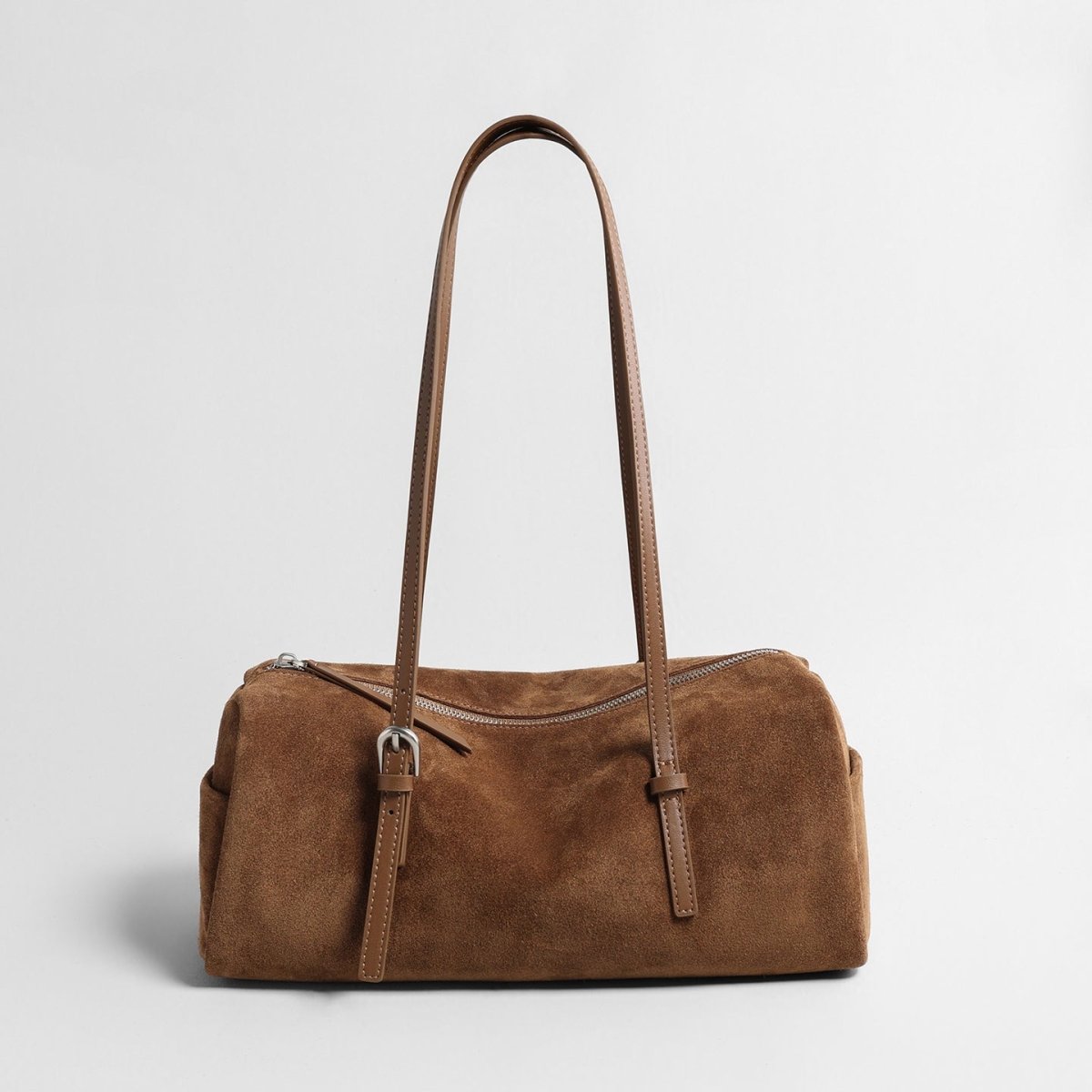 Vintage Suede Barrel Shoulder Bag – Adjustable Leather Crossbody Tote