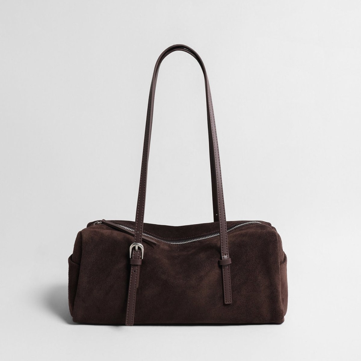 Vintage Suede Barrel Shoulder Bag – Adjustable Leather Crossbody Tote
