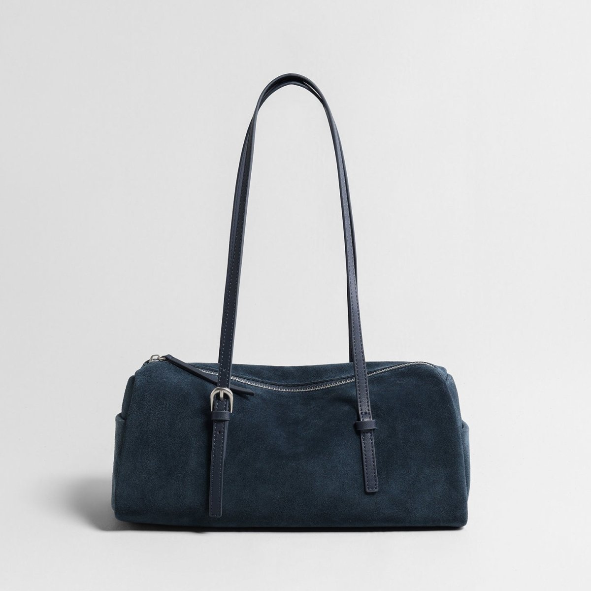 Vintage Suede Barrel Shoulder Bag – Adjustable Leather Crossbody Tote