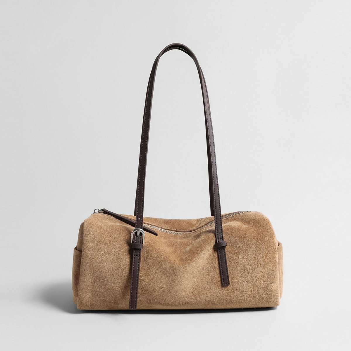 Vintage Suede Barrel Shoulder Bag – Adjustable Leather Crossbody Tote
