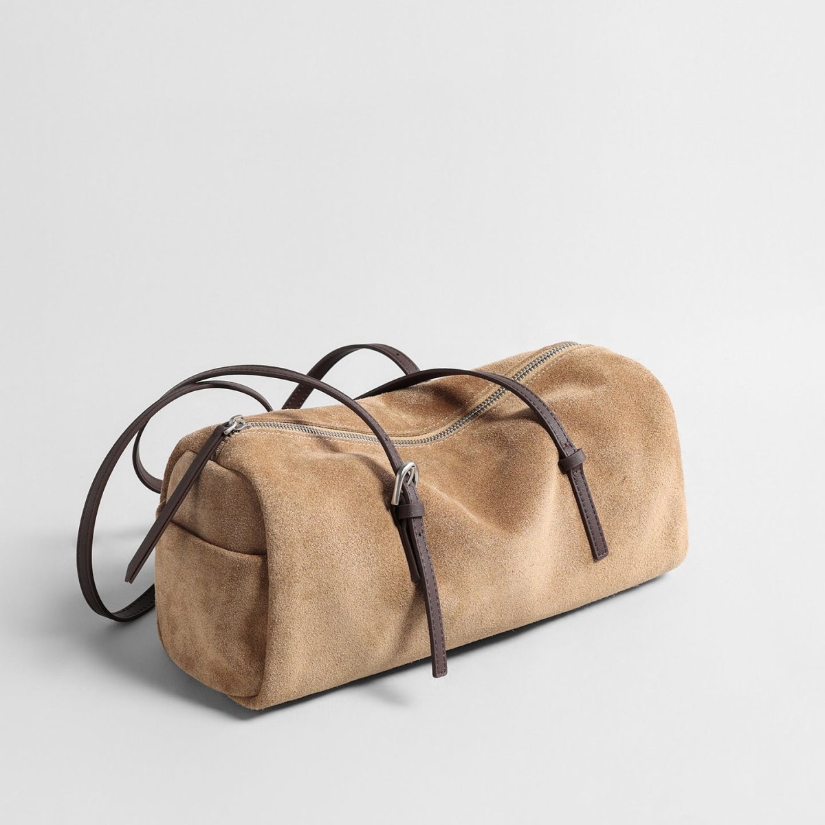Vintage Suede Barrel Shoulder Bag – Adjustable Leather Crossbody Tote