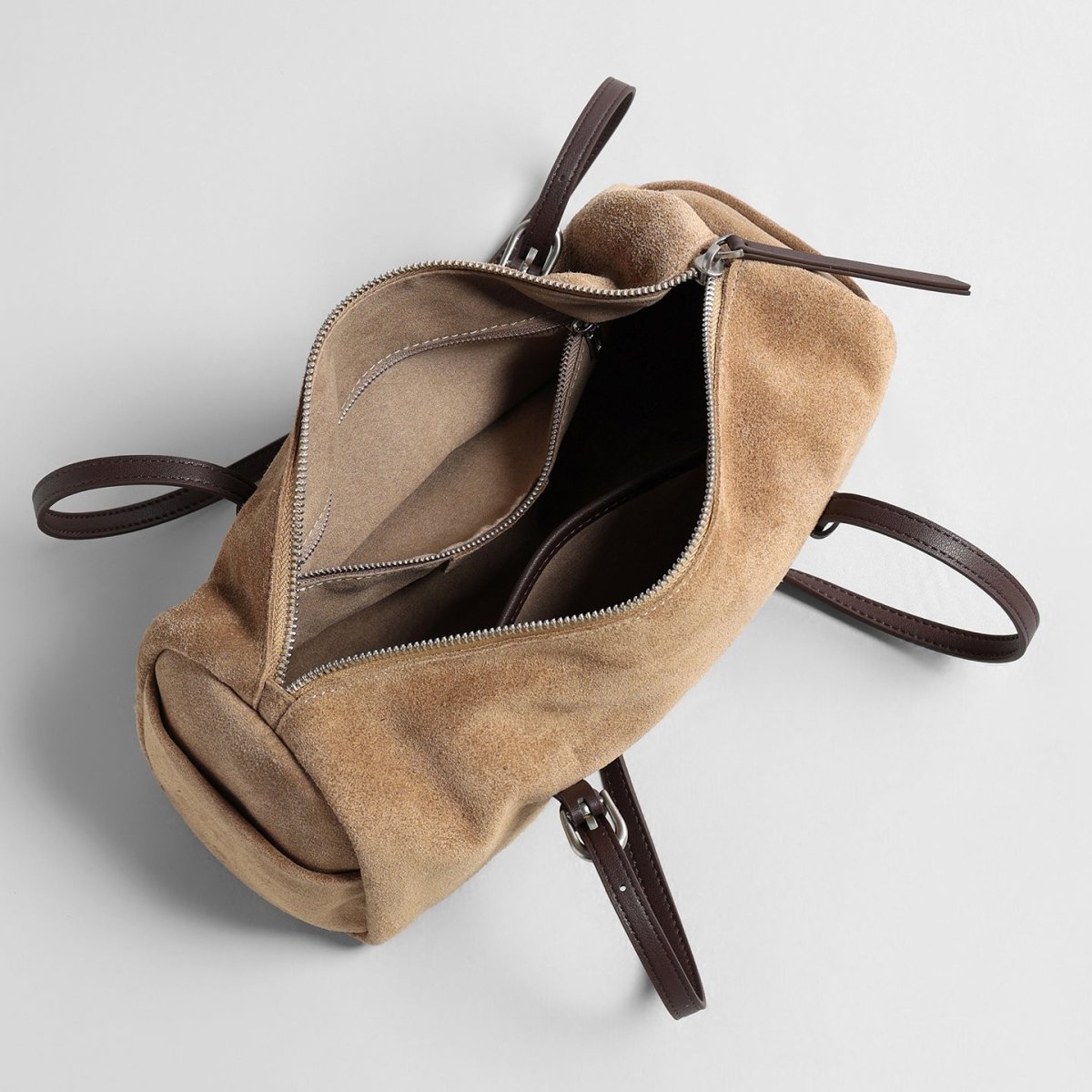 Vintage Suede Barrel Shoulder Bag – Adjustable Leather Crossbody Tote
