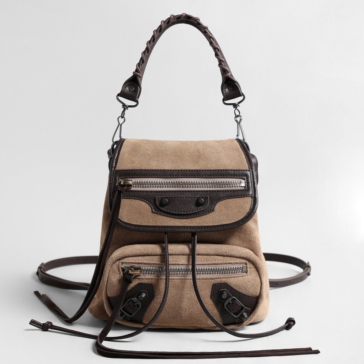 Vintage Suede Biker Backpack – Convertible Leather-Trim Bag