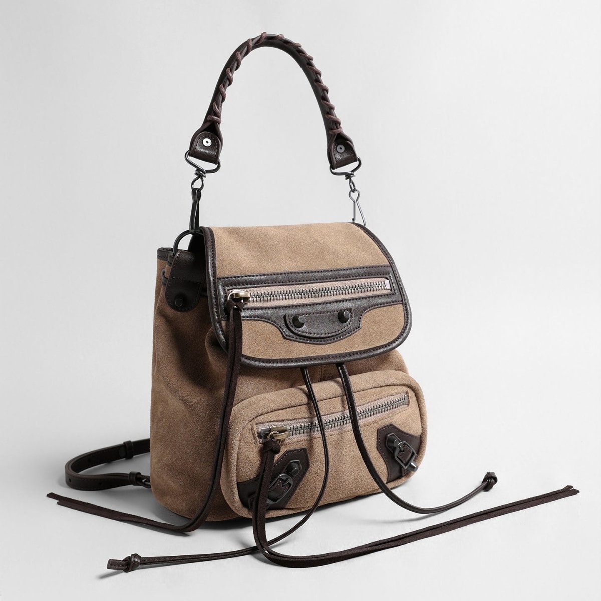 Vintage Suede Biker Backpack – Convertible Leather-Trim Bag