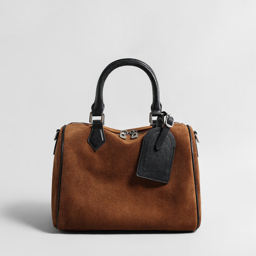 Vintage Suede Boston Pillow Bag – Contrast Leather Handle Crossbody Bag