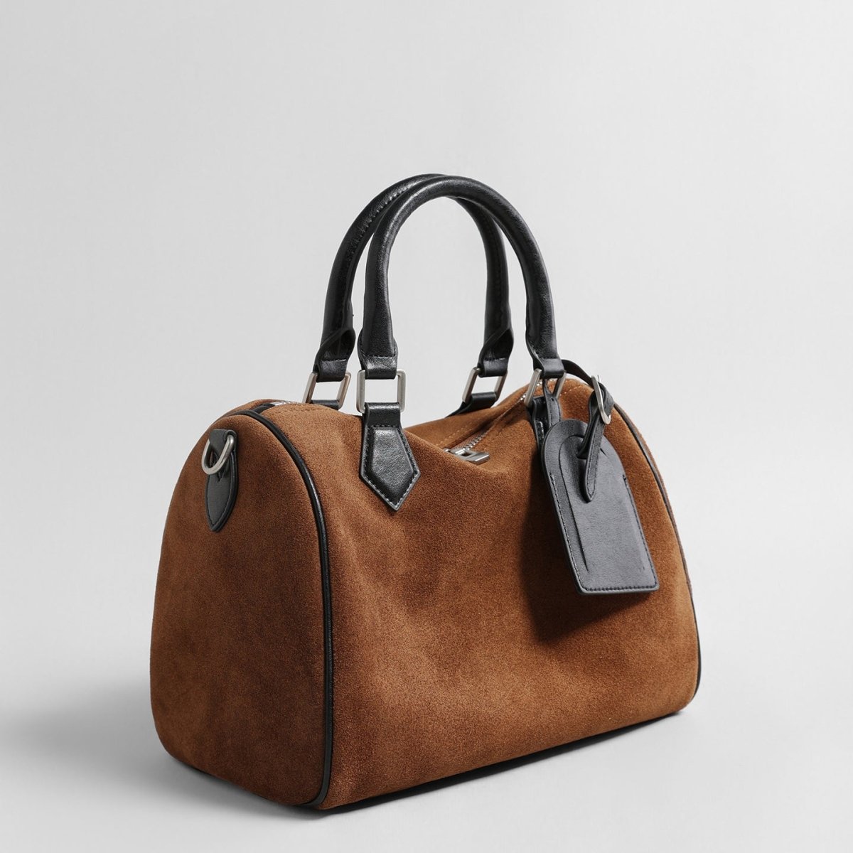 Vintage Suede Boston Pillow Bag – Contrast Leather Handle Crossbody Bag