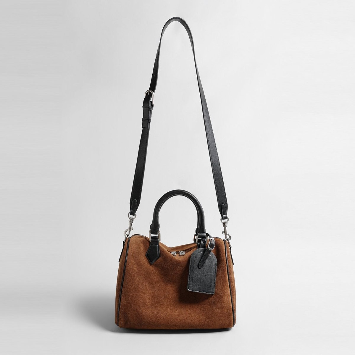 Vintage Suede Boston Pillow Bag – Contrast Leather Handle Crossbody Bag