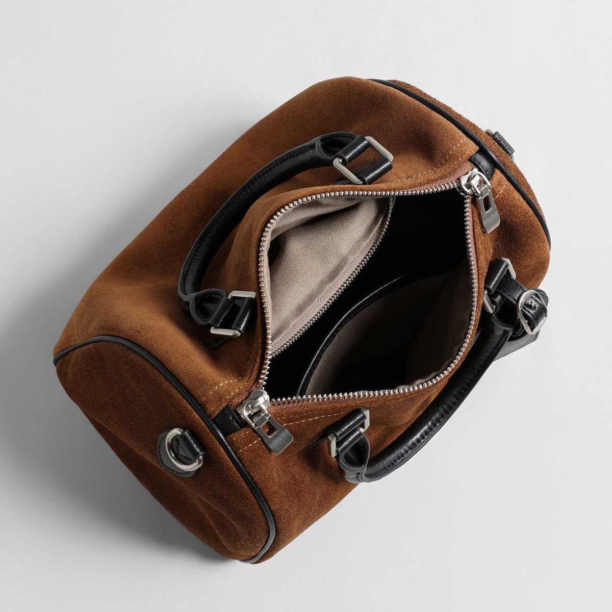 Vintage Suede Boston Pillow Bag – Contrast Leather Handle Crossbody Bag