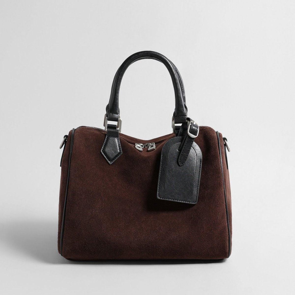 Vintage Suede Boston Pillow Bag – Contrast Leather Handle Crossbody Bag