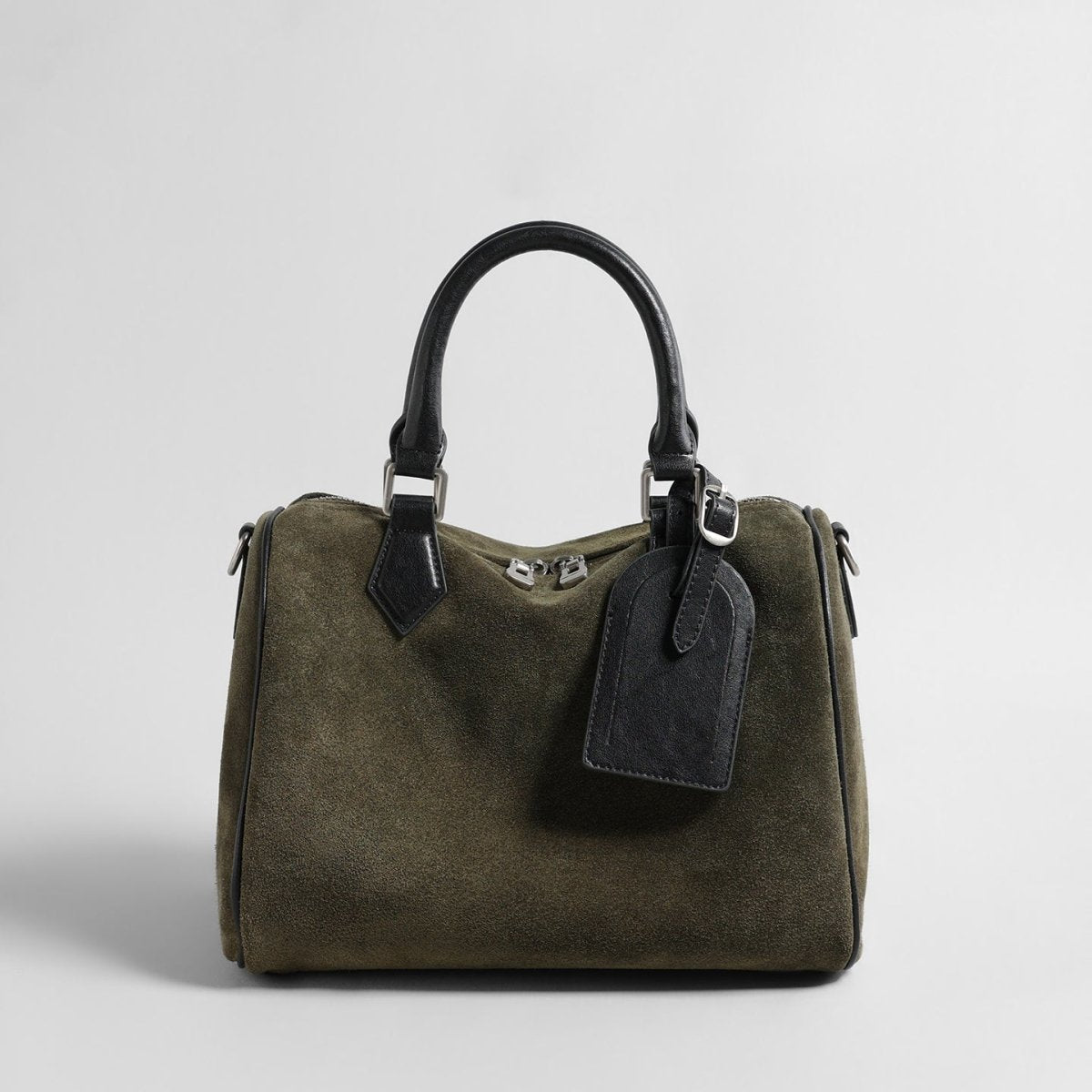 Vintage Suede Boston Pillow Bag – Contrast Leather Handle Crossbody Bag