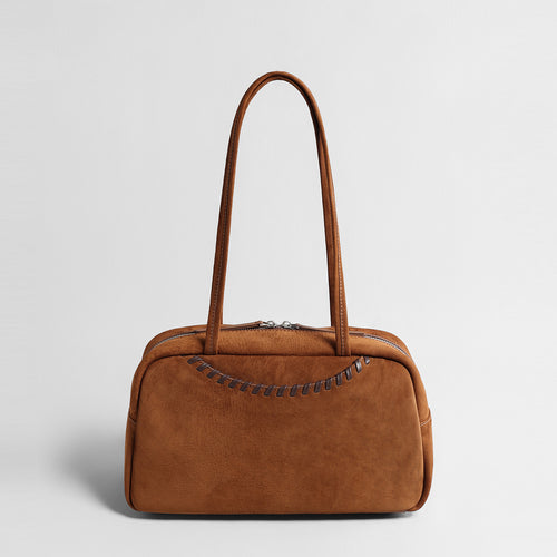 Vintage Suede Boston Bag – Hand-Stitched Dual Zipper Shoulder Bag