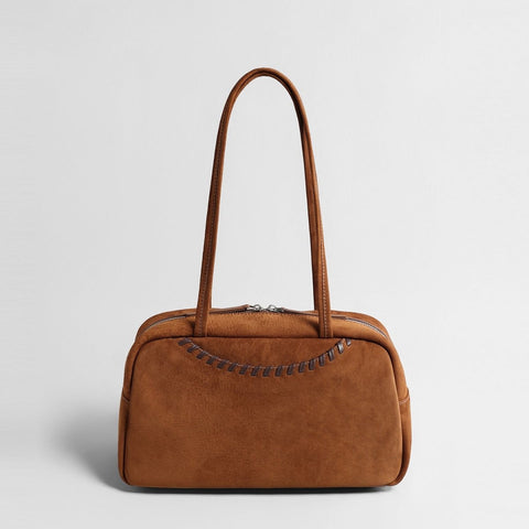 Vintage Suede Boston Bag – Hand-Stitched Dual Zipper Shoulder Bag