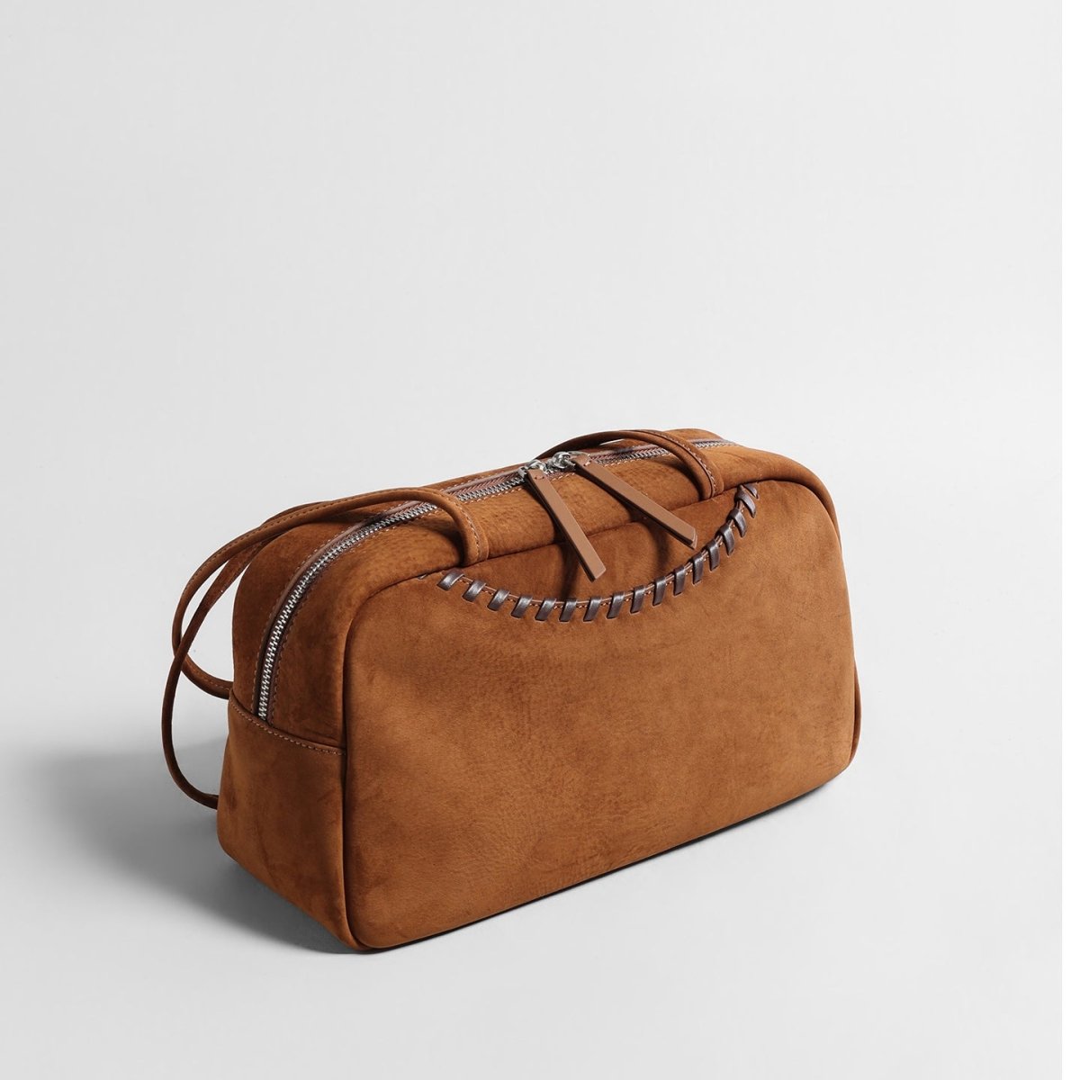 Vintage Suede Boston Bag – Hand-Stitched Dual Zipper Shoulder Bag