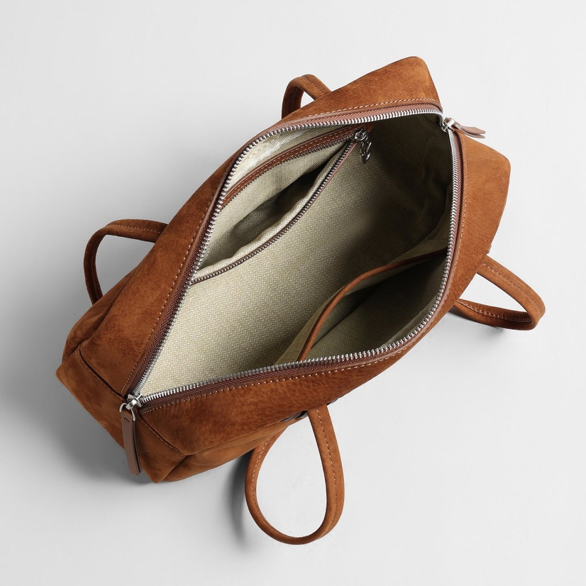 Vintage Suede Boston Bag – Hand-Stitched Dual Zipper Shoulder Bag