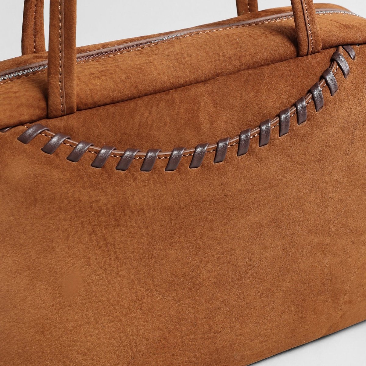 Vintage Suede Boston Bag – Hand-Stitched Dual Zipper Shoulder Bag