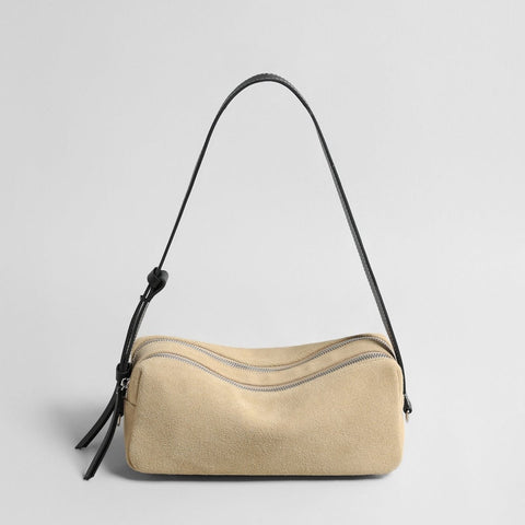 Vintage Suede Cylinder Baguette Bag – Dual-Zip Shoulder & Crossbody Bag