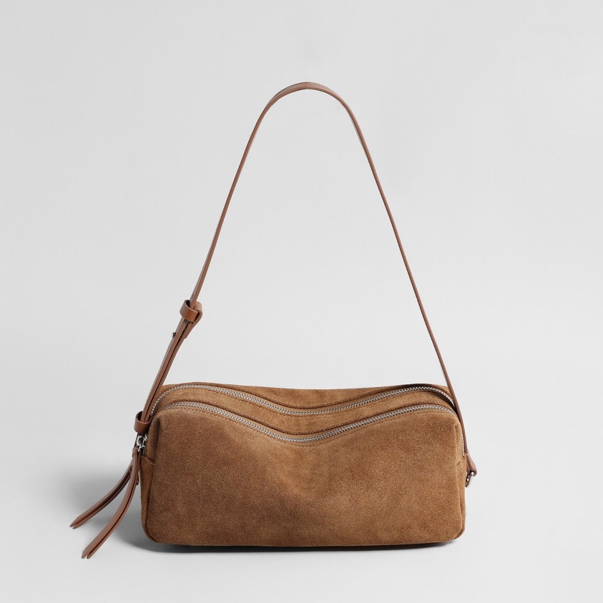Vintage Suede Cylinder Baguette Bag – Dual-Zip Shoulder & Crossbody Bag