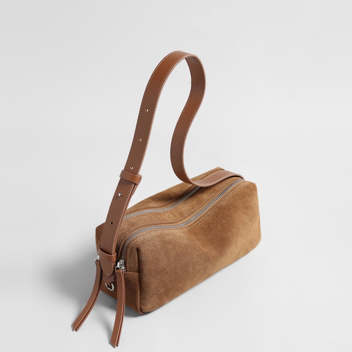 Vintage Suede Cylinder Baguette Bag – Dual-Zip Shoulder & Crossbody Bag