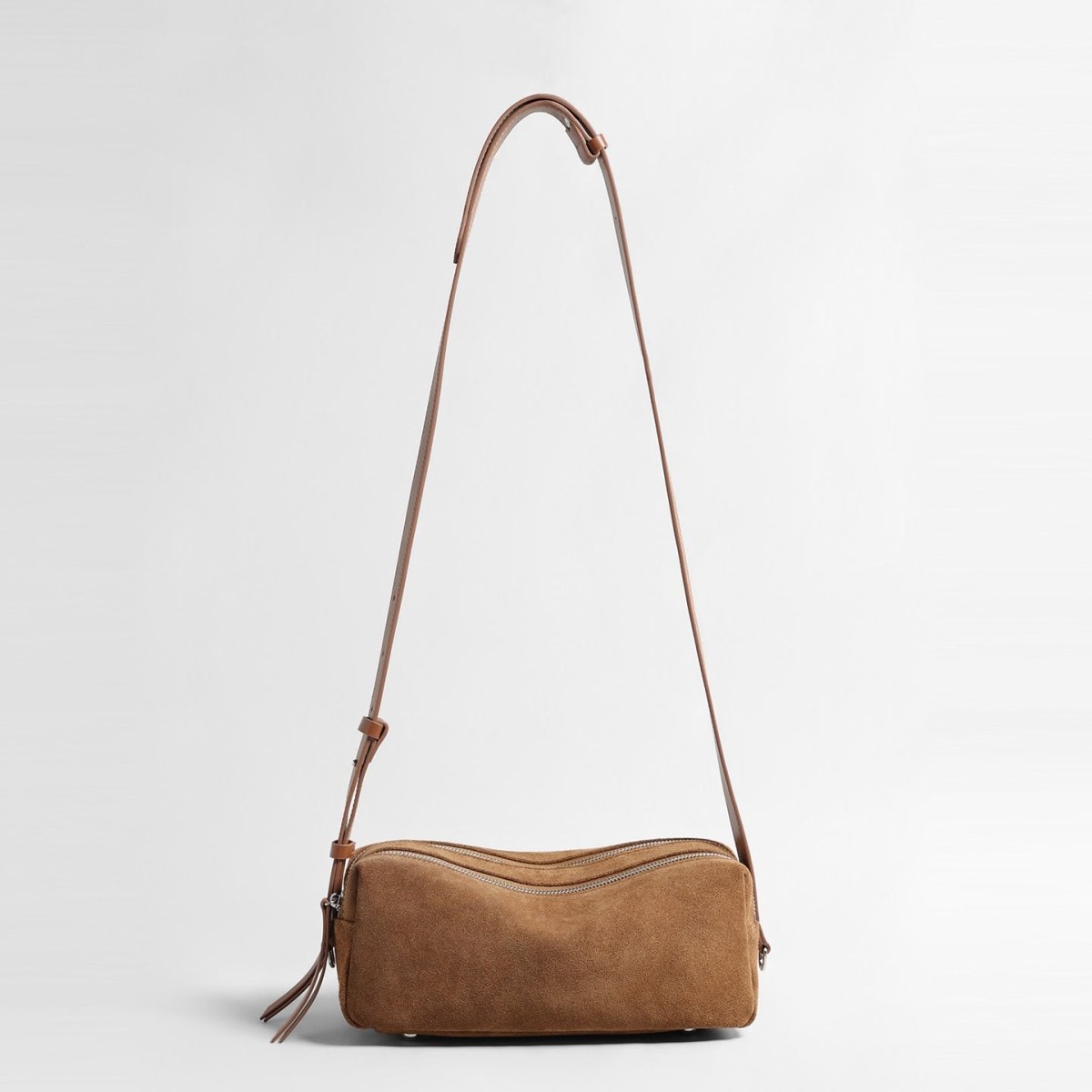 Vintage Suede Cylinder Baguette Bag – Dual-Zip Shoulder & Crossbody Bag