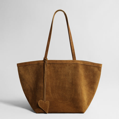 Vintage Suede Fan Tote Bag – Large Shoulder Bag with Heart Charm