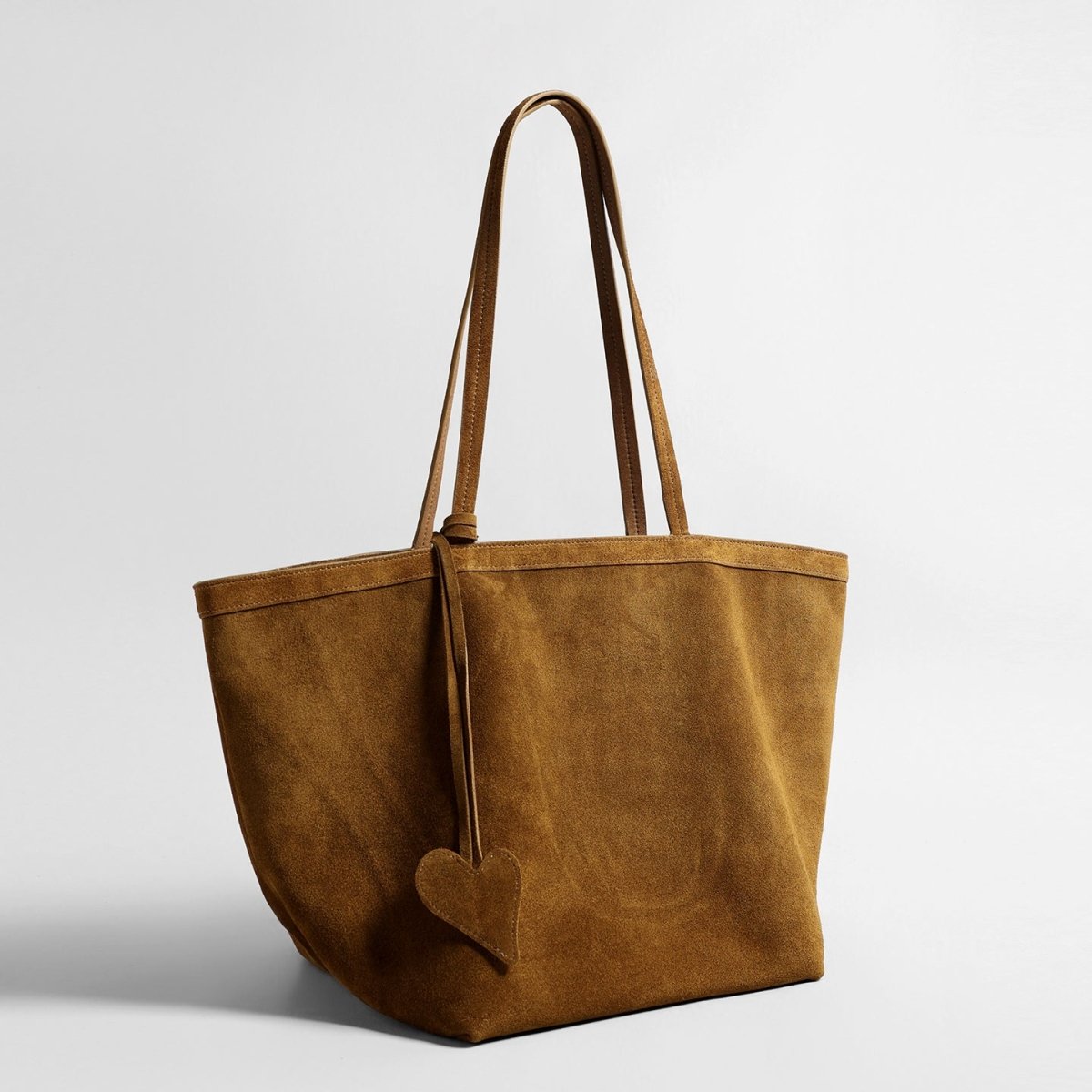 Vintage Suede Fan Tote Bag – Large Shoulder Bag with Heart Charm