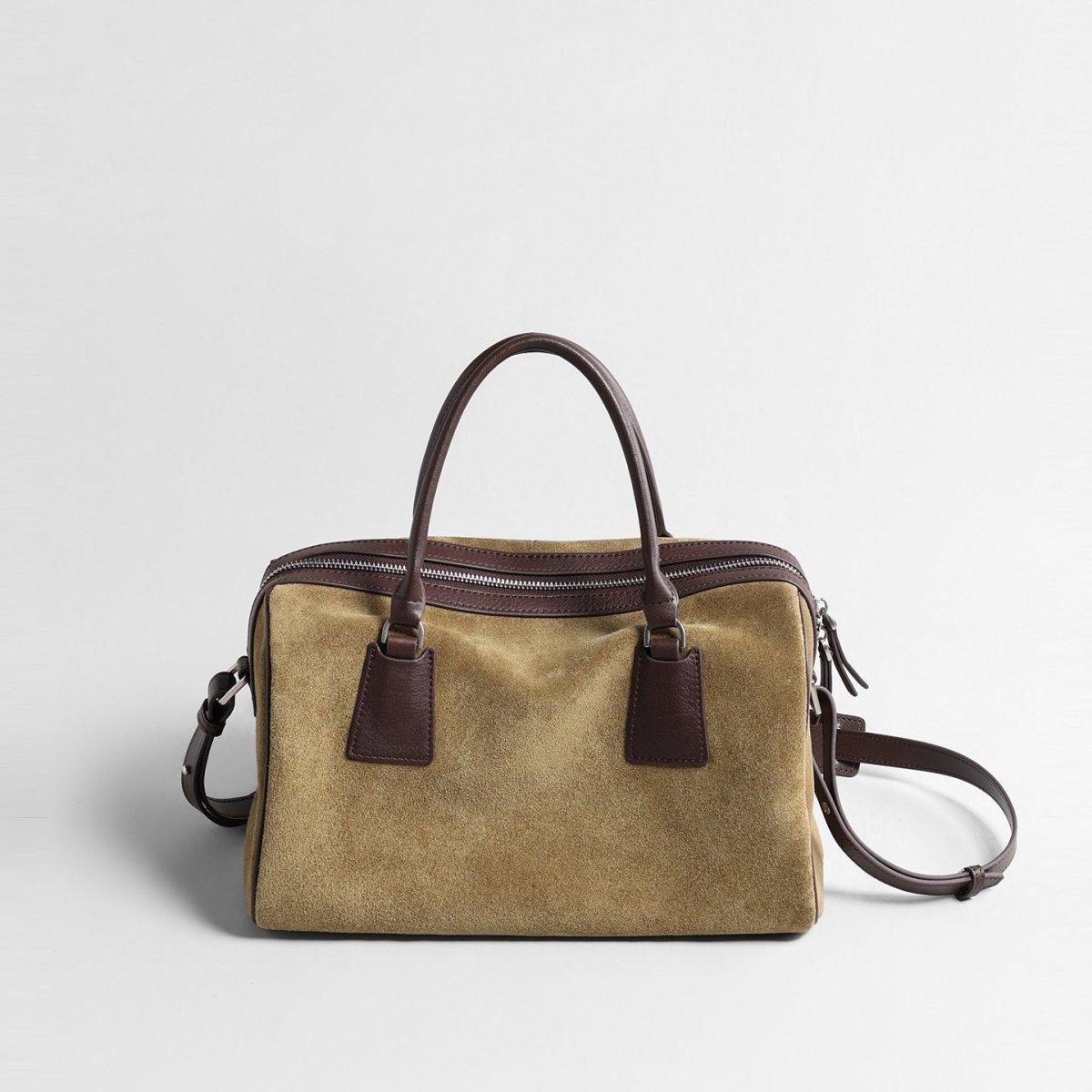 Vintage Suede Leather Boston Bag – Contrast Leather Handle Crossbody Handbag