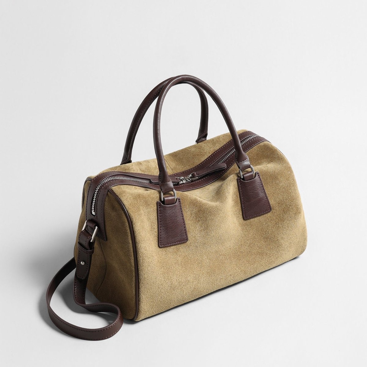 Vintage Suede Leather Boston Bag – Contrast Leather Handle Crossbody Handbag