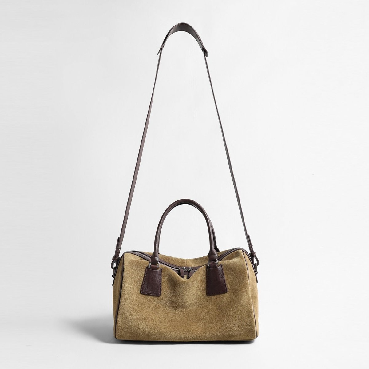 Vintage Suede Leather Boston Bag – Contrast Leather Handle Crossbody Handbag